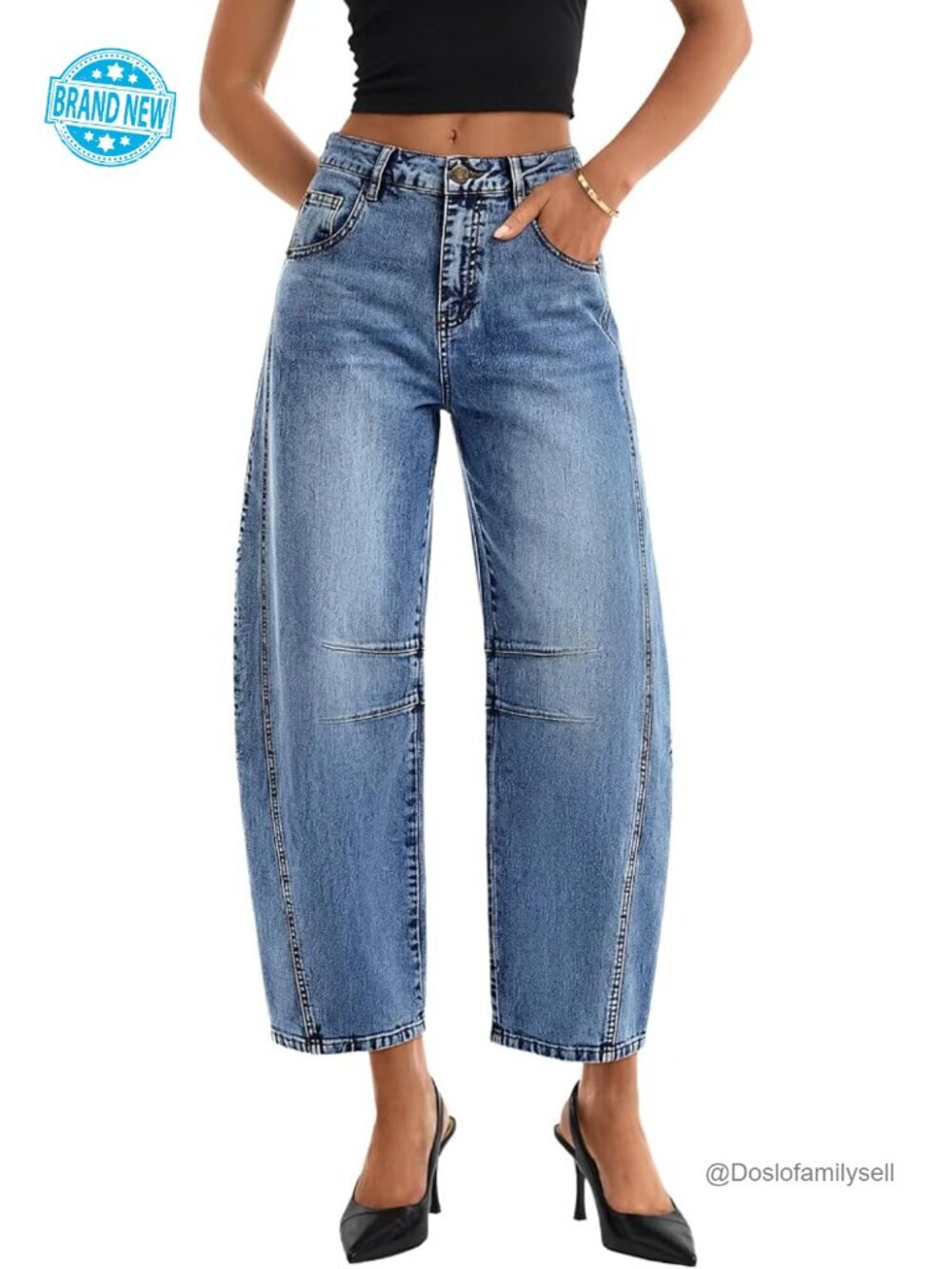 Women's High Waisted Barrel Jeans Wide Leg Baggy Ankle Denim Pants with Pockets
